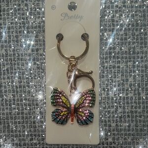 Multicolor Crystal Butterfly Keyring with Gold Hardware